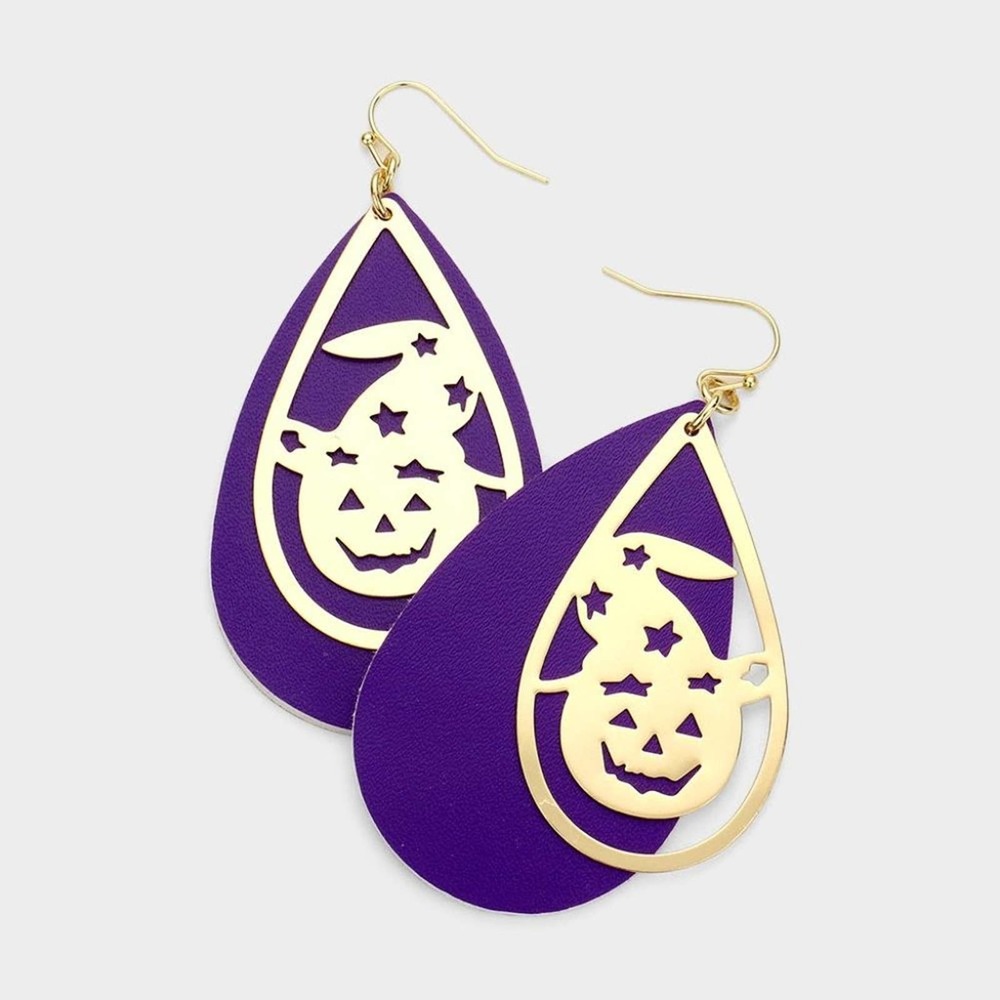 Purple Vegan Leather and Gold Tone Silhouette Jack-o-Lantern Teardrop Earrings
